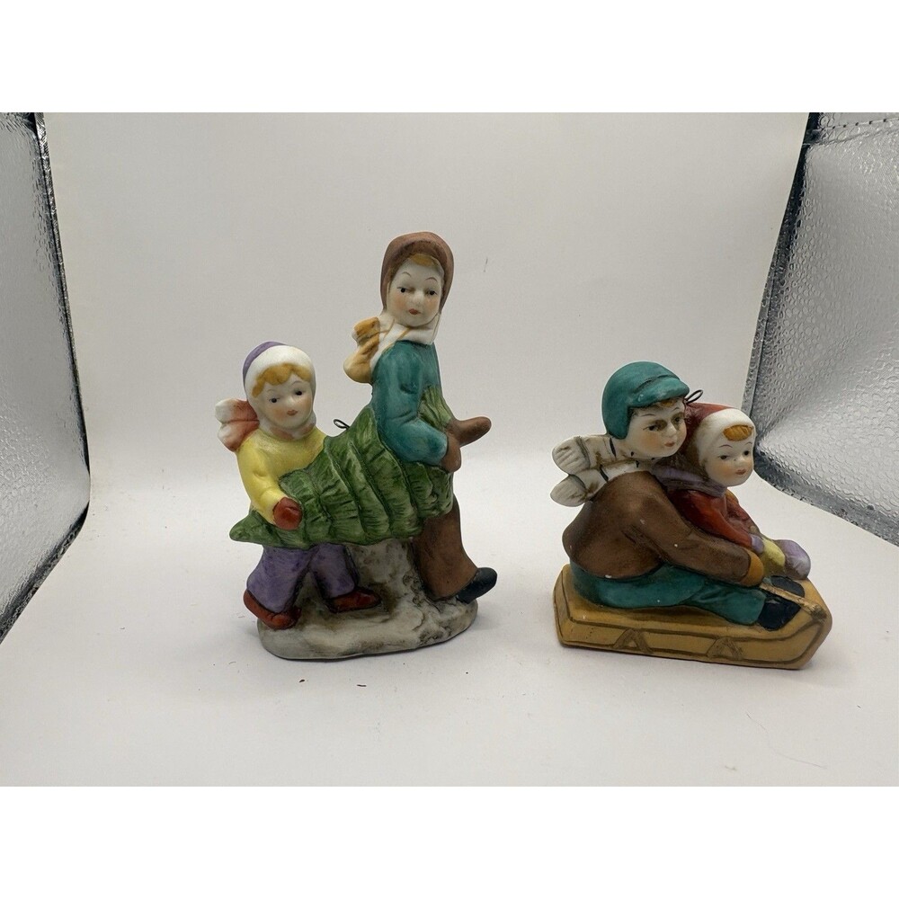 Vintage Christmas Figurines Lot Winter Scene Sledding Tree Family Japan Taiwan